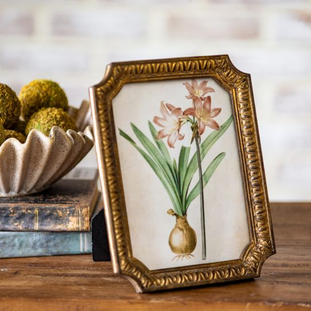 Pink lily botanical print in an ornate antique gold frame, standing on a wooden surface next to books.
