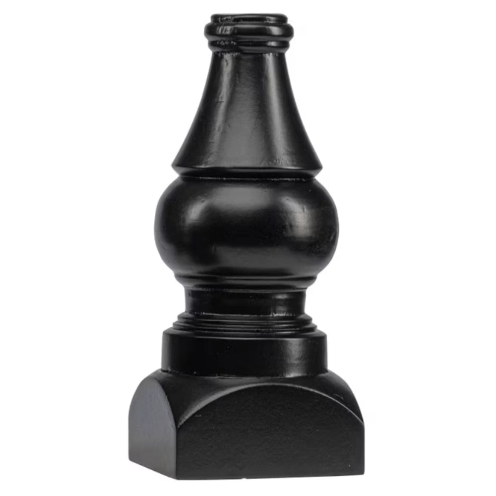 Front view of a short black wooden display pole on a curved base with a tall finial.