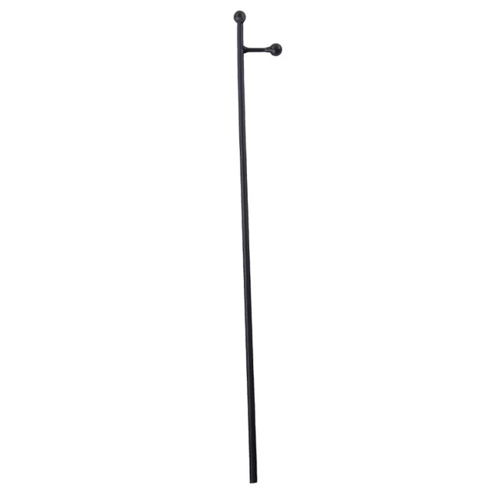 Front view of a large black metal charm display stake with a side arm.