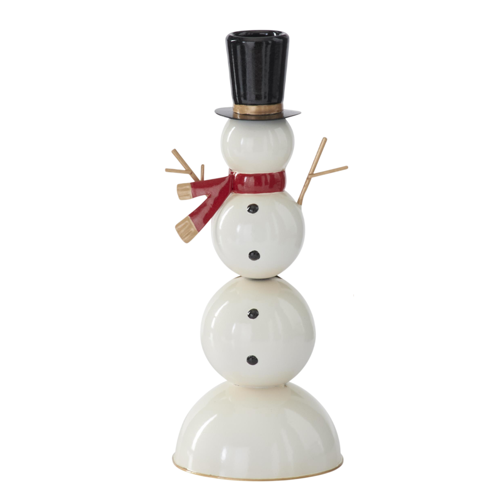 Large white metal snowman taper candleholder wearing a black top hat and a red scarf.