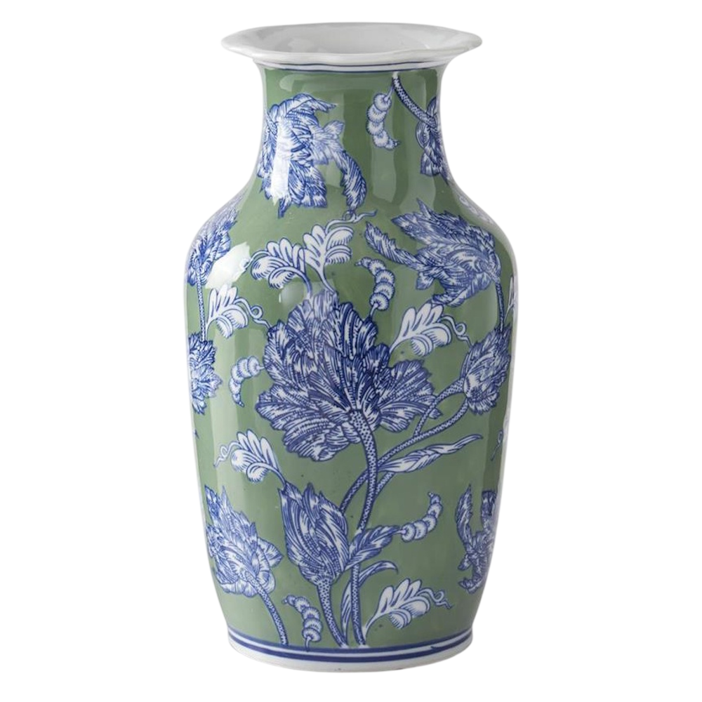 Sage green ceramic vase with blue and white floral patterns and a flared rim on a white background.