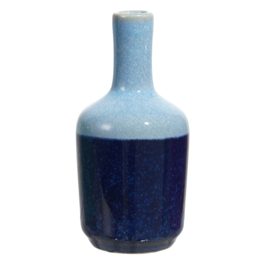 Two-tone stoneware vase featuring a light blue neck and a dark speckled blue body with a glossy glaze.