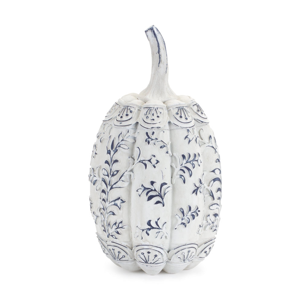 Tall white decorative pumpkin with intricate blue floral relief patterns and a stem.