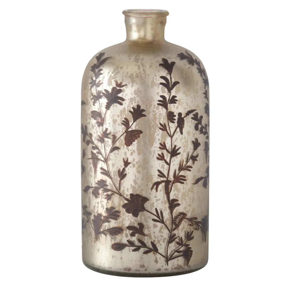 A champagne mercury glass bottle vase featuring a mottled texture and delicate brown botanical illustrations.