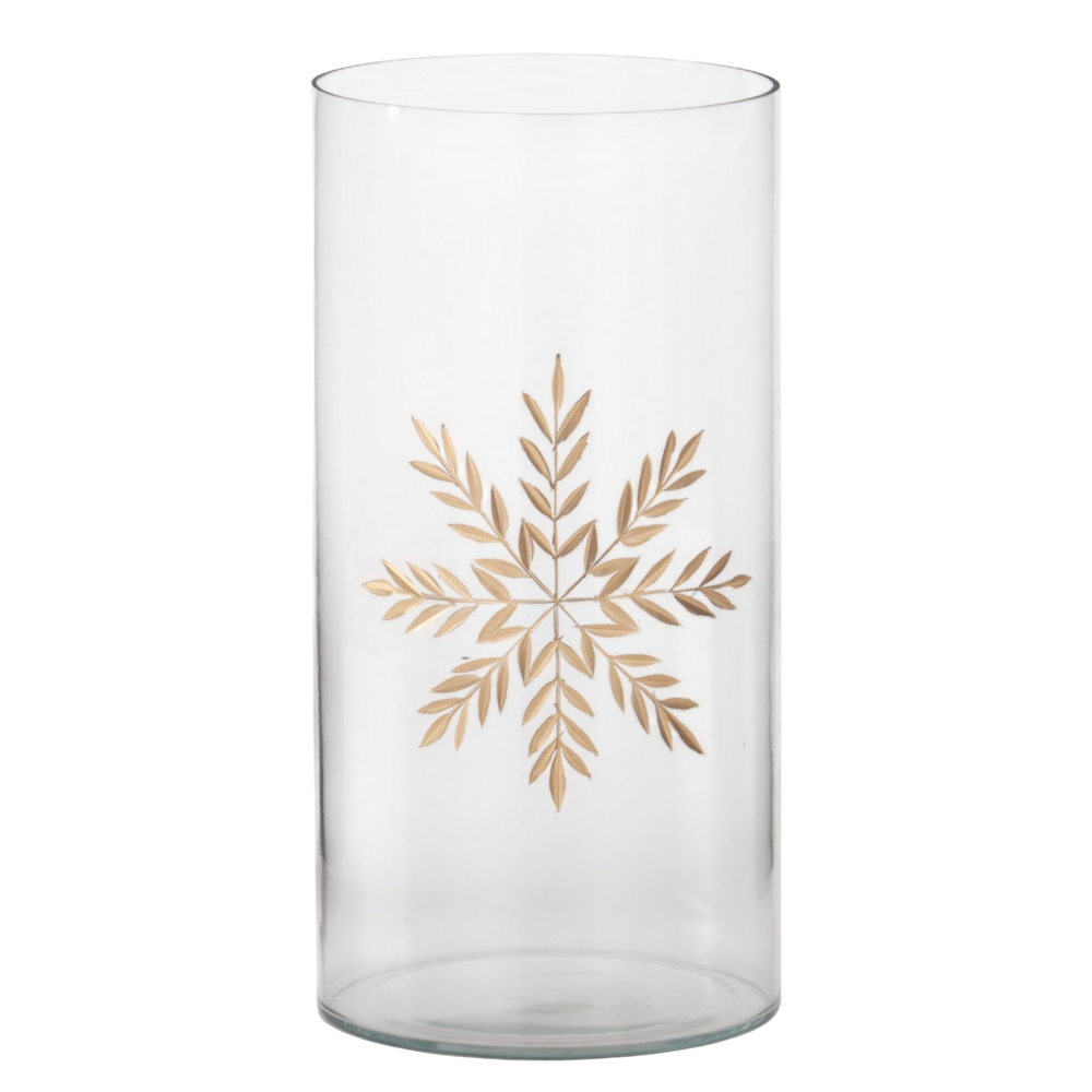 Large clear glass container with an etched gold snowflake design on a white background.