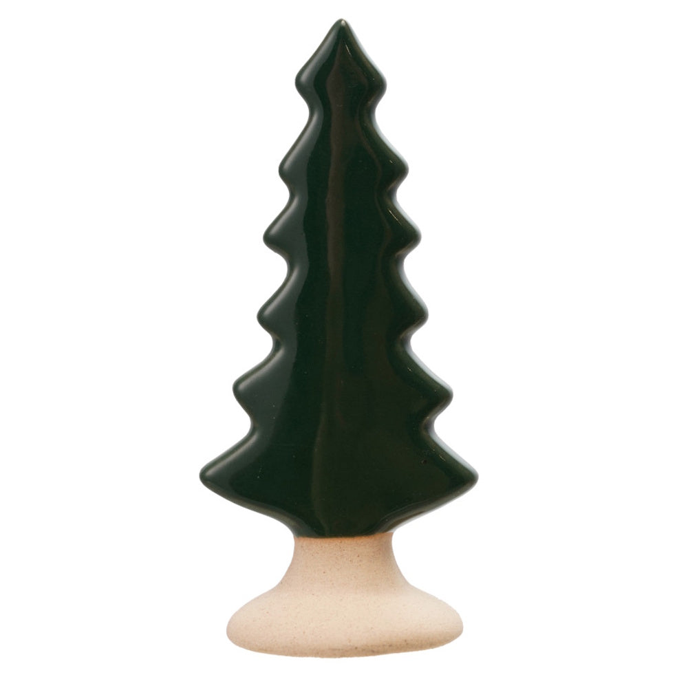 Dark green ceramic pine tree figurine with a light beige, unglazed base.