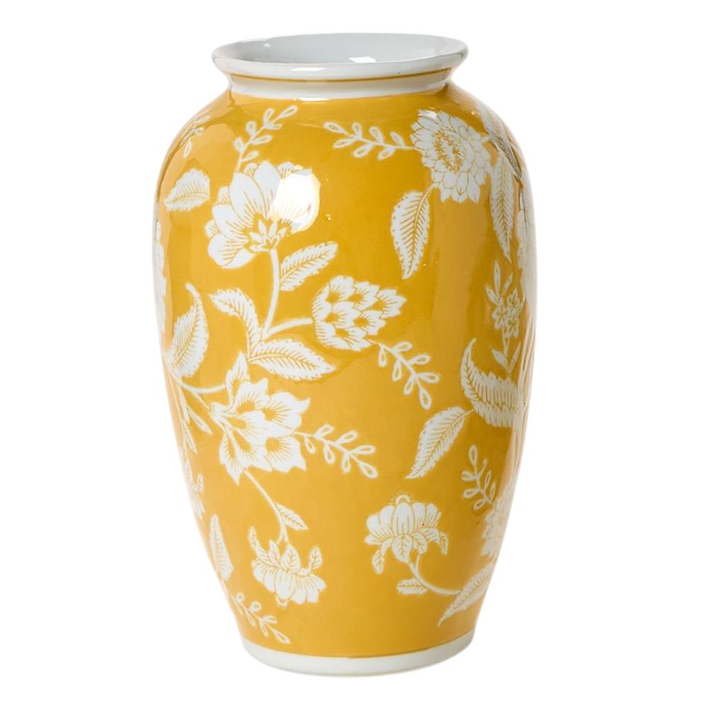 Vibrant yellow ceramic vase decorated with intricate white floral and botanical patterns.