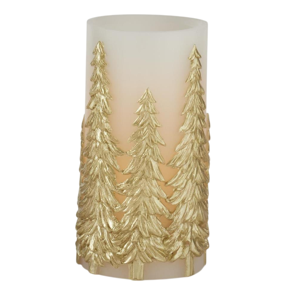 A large LED pillar candle featuring an embossed gold tree pattern.