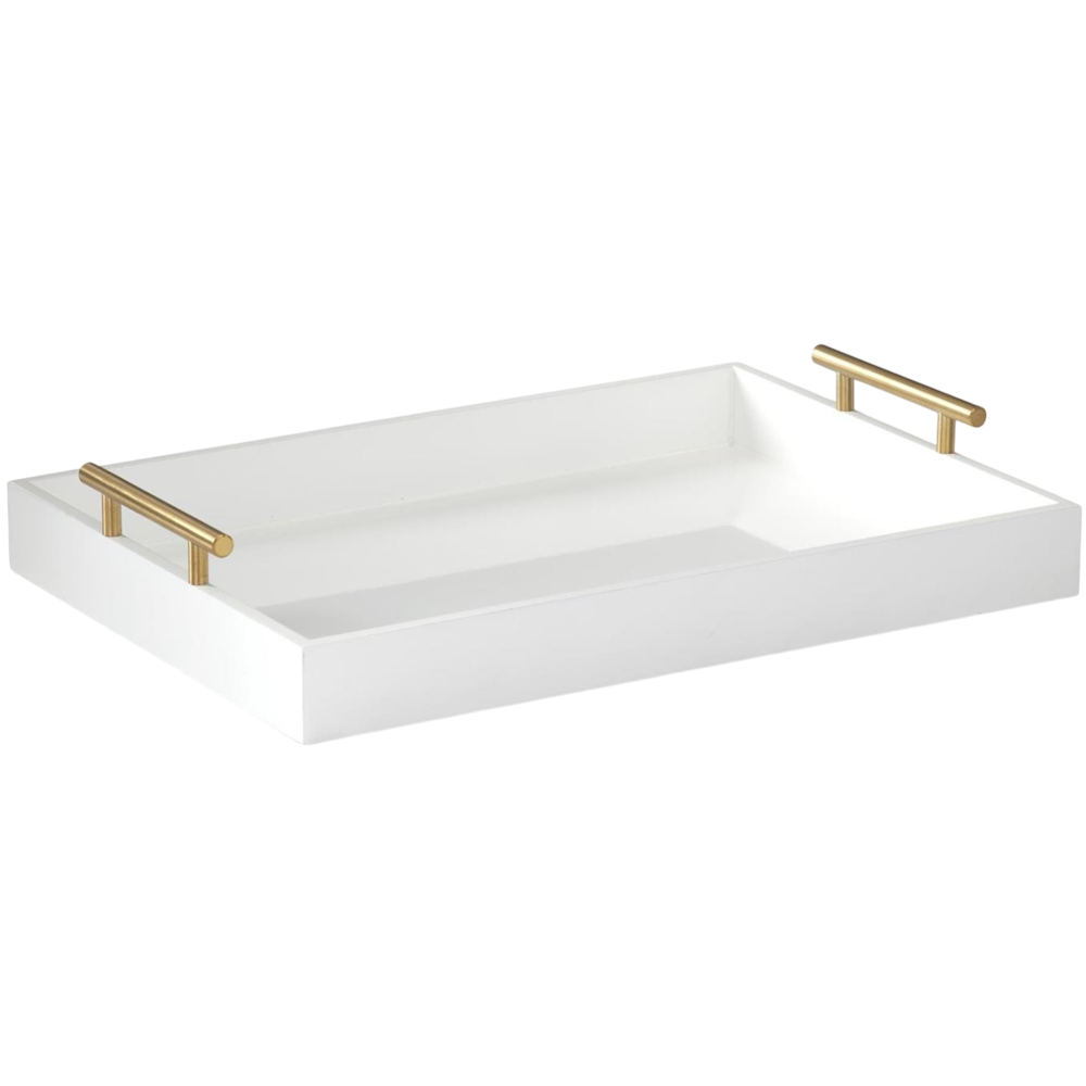 Large rectangular white decorative tray with brushed gold metal handles, shown at an angle on a white background.