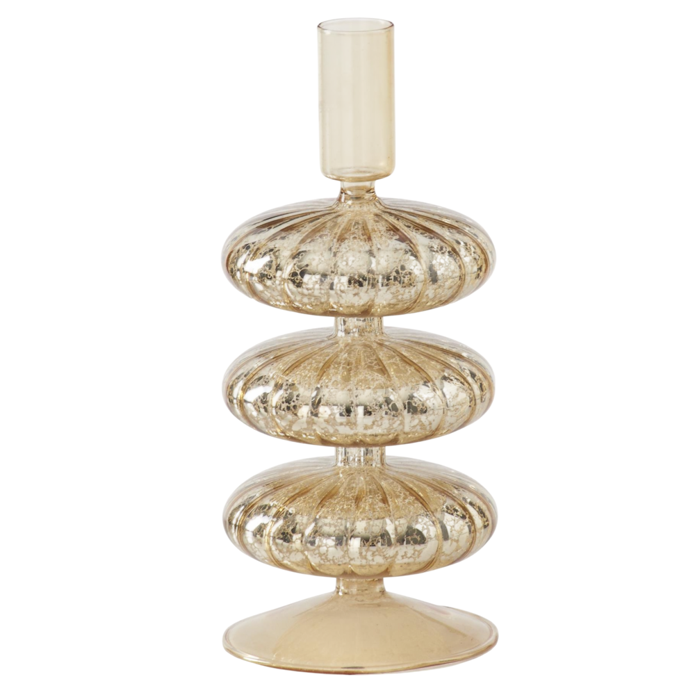 Large gold mercury glass taper candleholder featuring three stacked ribbed bulbous sections and a cylindrical top holder.