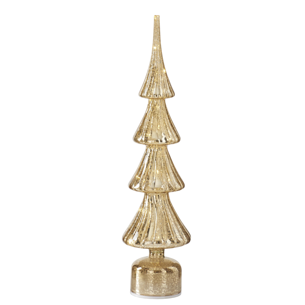 Large illuminated gold mercury glass Christmas tree decoration with five ribbed tiers, on a white background.
