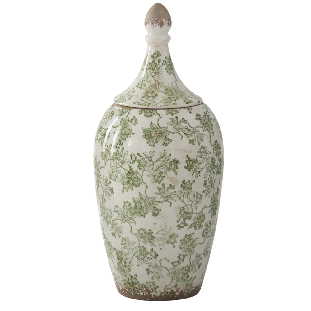 Green and cream crackled ceramic Chinoiserie ginger jar with a floral vine pattern and pointed lid.