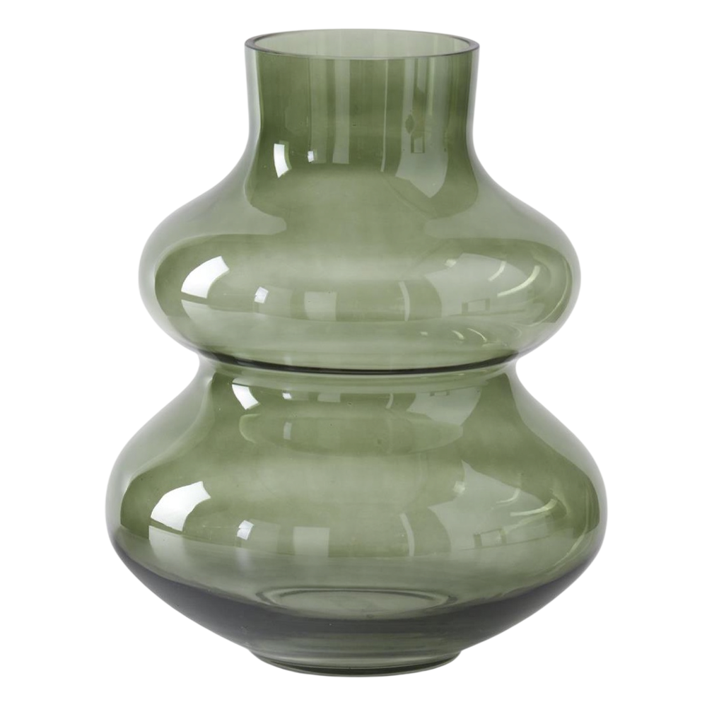 Green glass 2-tier saucer vase with a curved, bulbous silhouette on a white background.