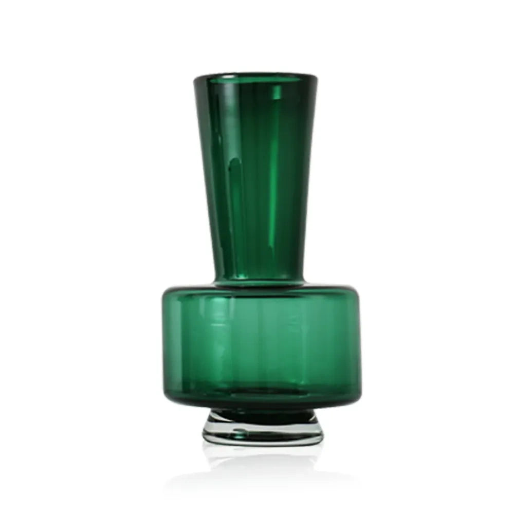 Front view of a tall, dark green glass vase with a wide base and flared neck.