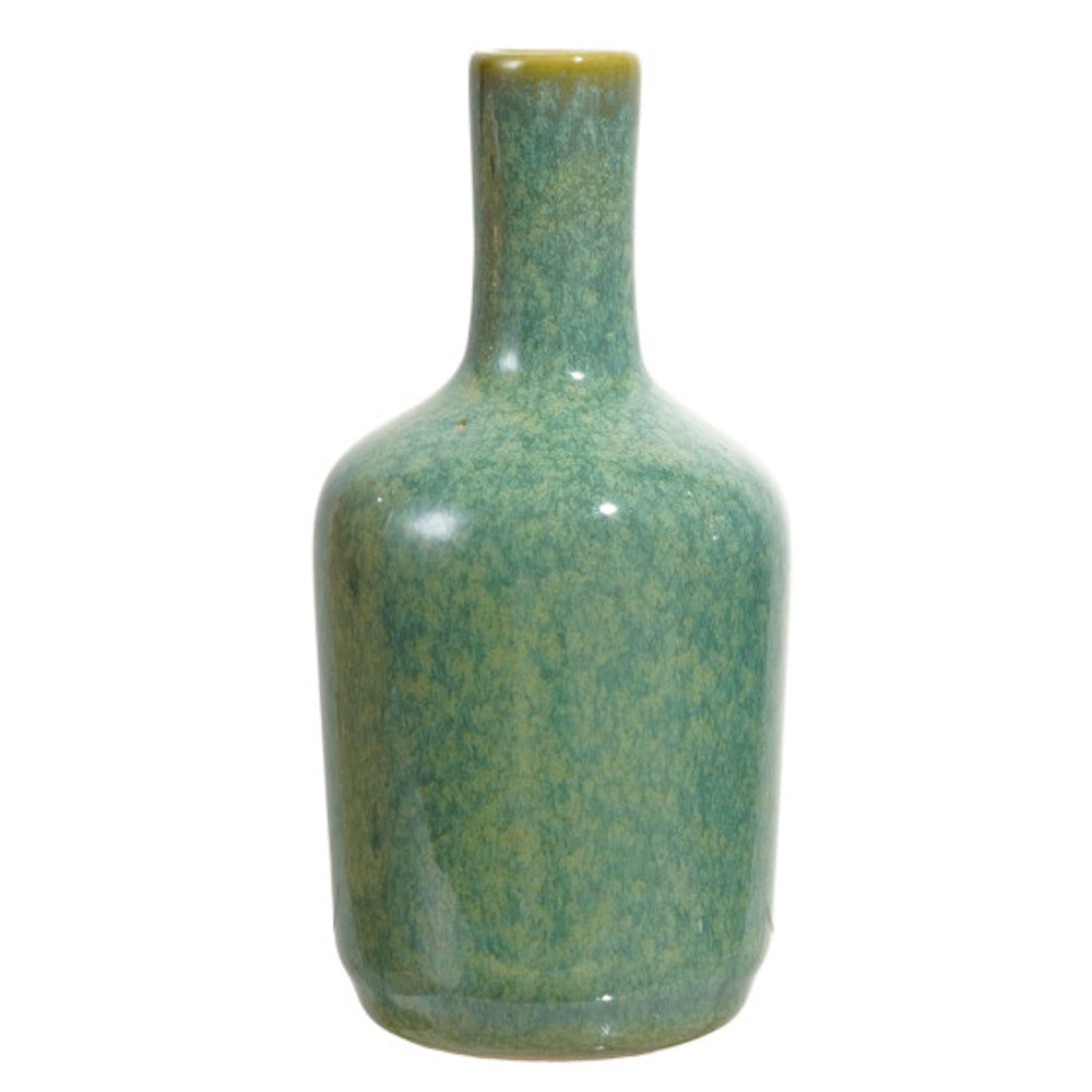Green reactive glaze stoneware bottle vase with a long neck on a white background.