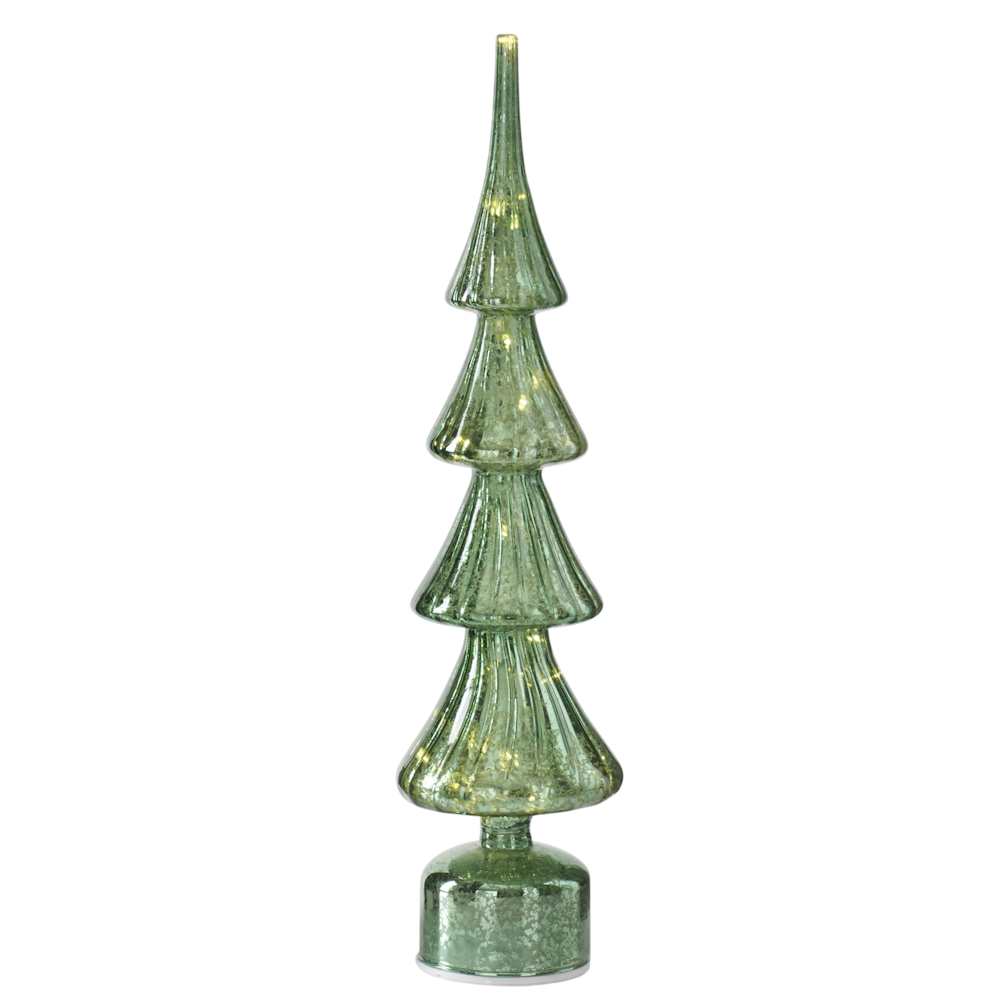 A large illuminated green ribbed mercury glass Christmas tree decoration isolated on a white background.