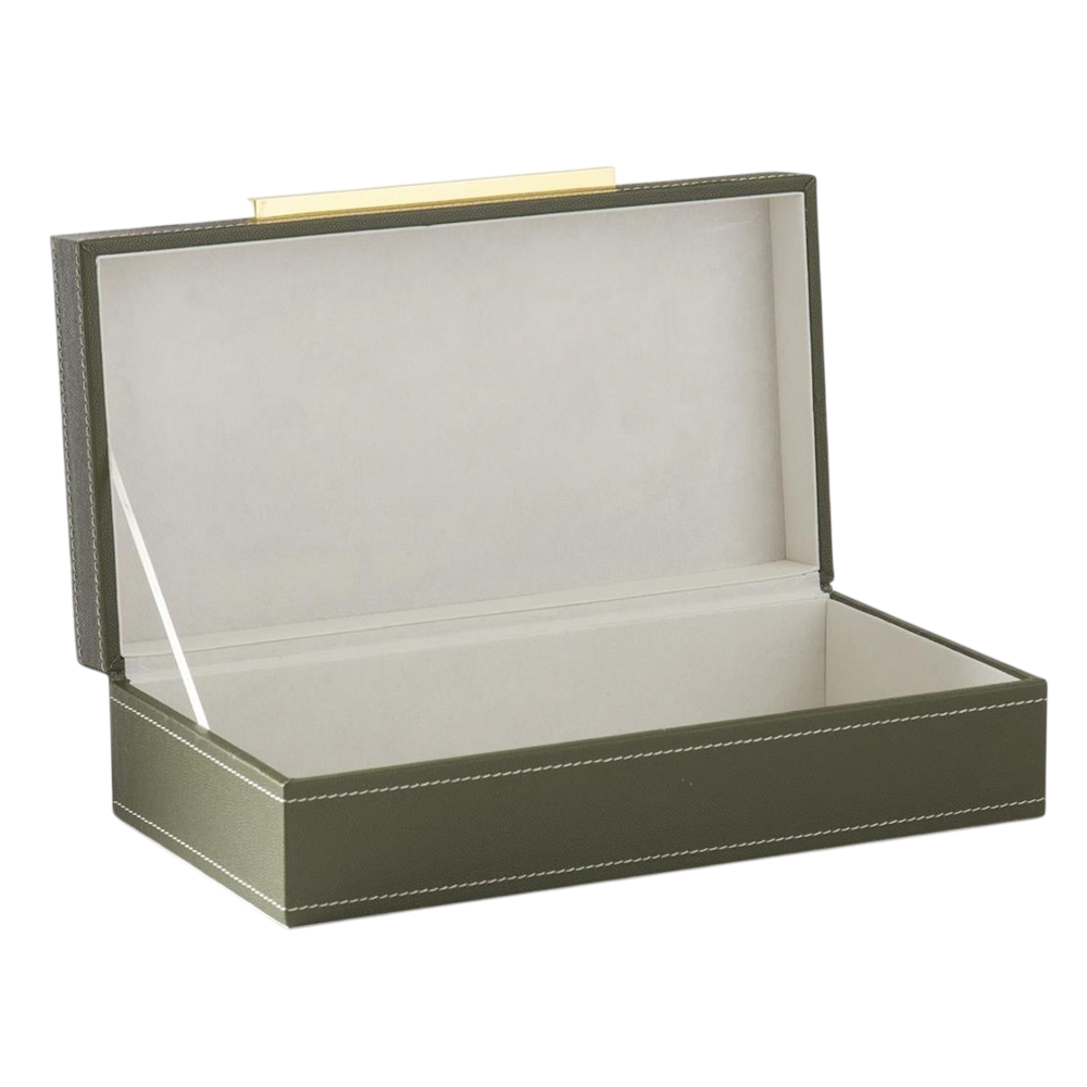 Open green vegan leather jewelry box with felt lining and gold hardware.
