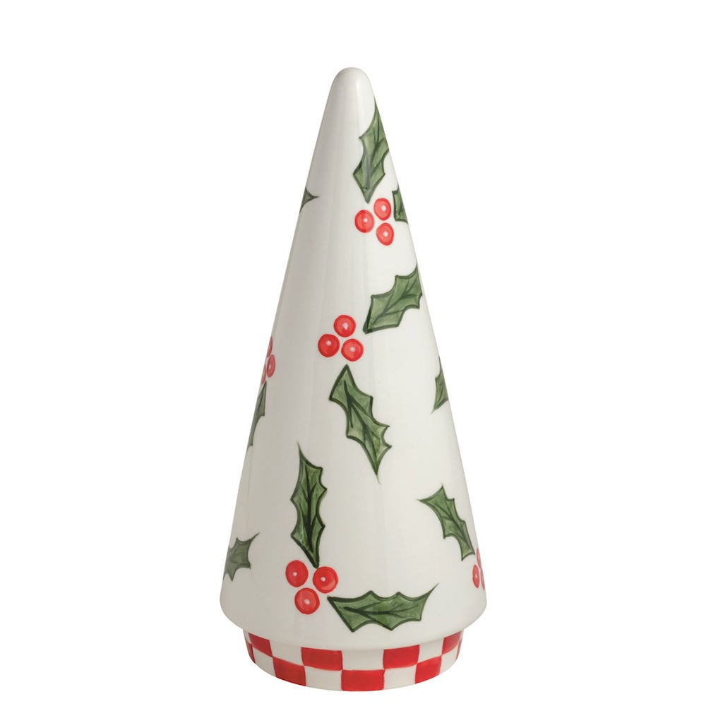 Large white ceramic cone Christmas tree featuring painted holly and a red-and-white checkered base.