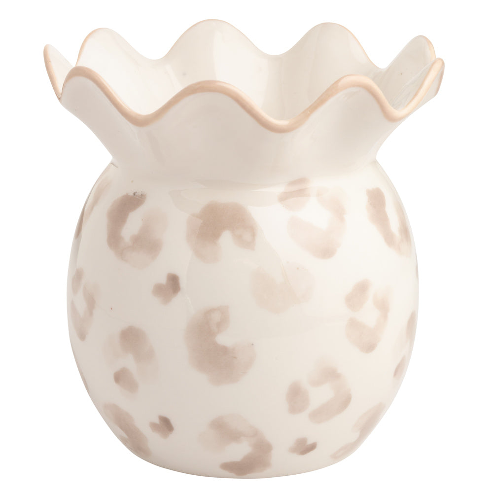 Round leopard print ceramic bud vase with a decorative scalloped rim, perfect for modern boho home decor.