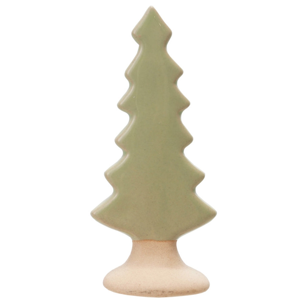 Light green glazed ceramic pine tree figurine on a raw, unglazed terracotta base.