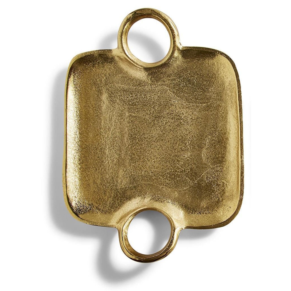 Textured gold metal square tray featuring two circular ring handles on a white background.