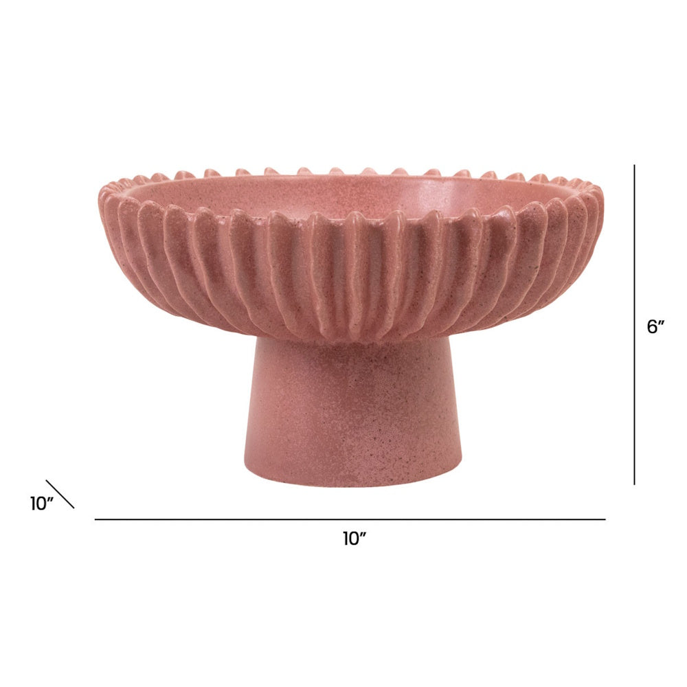Pink fluted ceramic pedestal bowl with dimensions: 10 inches wide by 6 inches tall.