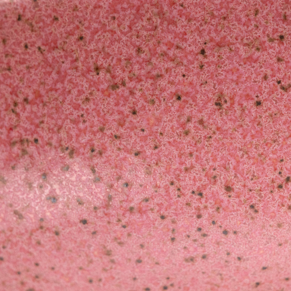 Close-up of pink speckled ceramic texture with dark spots and a matte finish for home decor products.