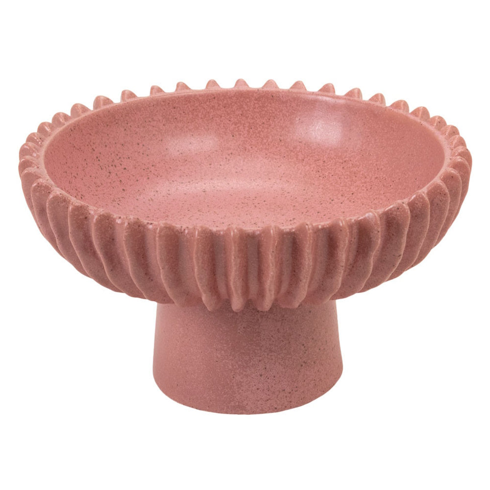 Pink speckled ceramic pedestal bowl with a fluted rim on a white background.
