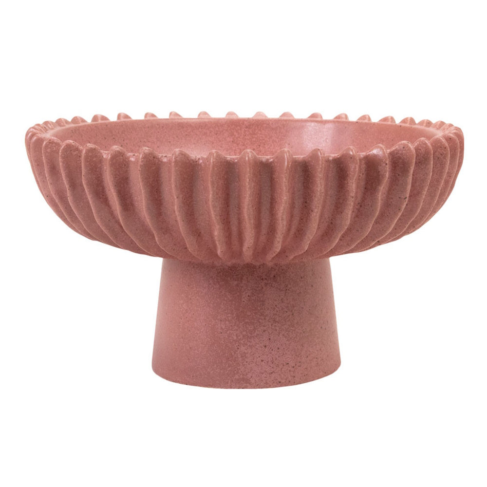 Dusty rose fluted ceramic bowl on a pedestal base.