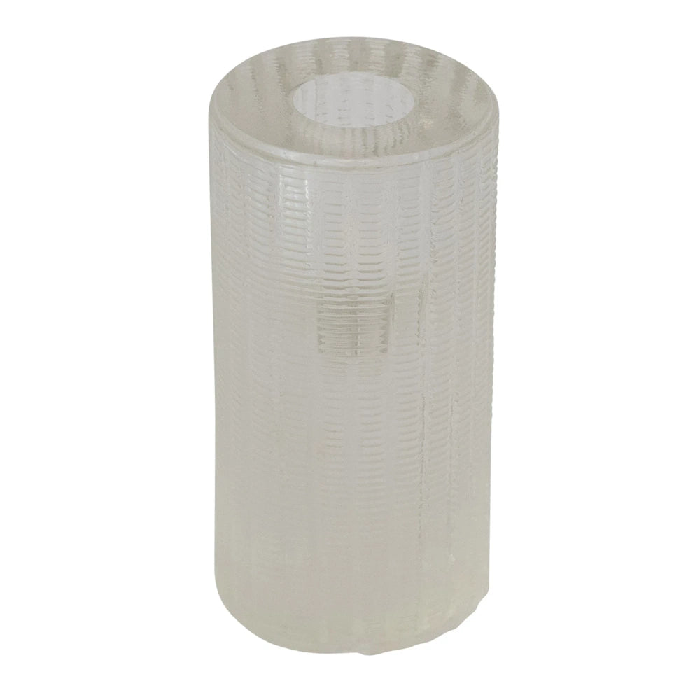 Tall cylindrical clear pressed glass taper candle holder with vertical ribbed texture on a white background.