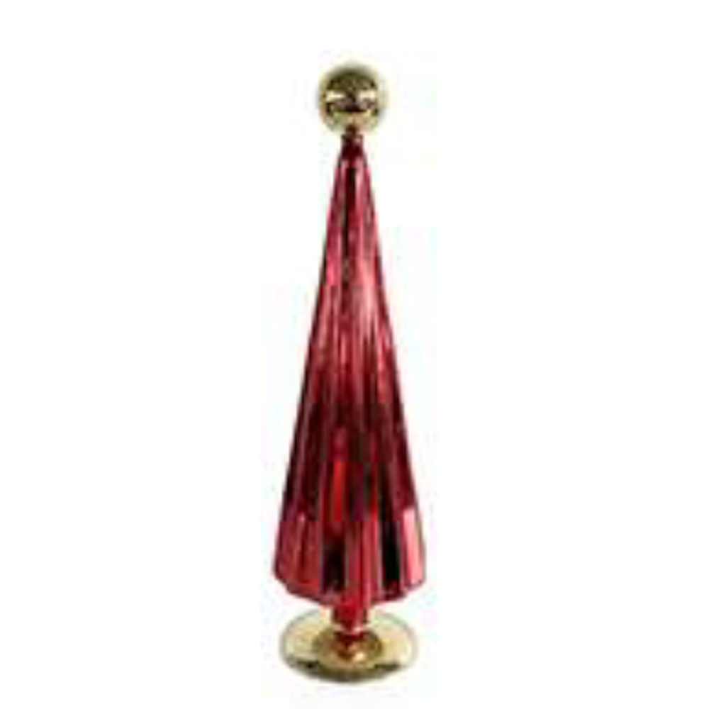 Large red glass Christmas tree figurine with a gold topper from a front view.