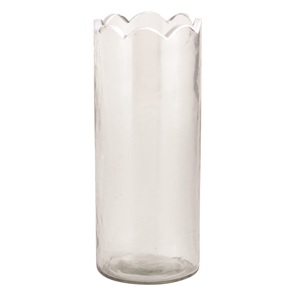 Tall cylindrical clear glass bud vase with decorative scalloped rim and textured finish for home decor.