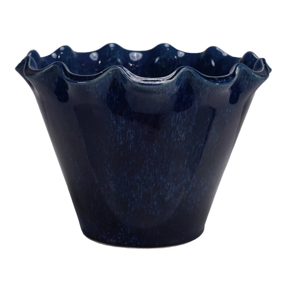 Large navy blue stoneware planter with a ruffled edge and glossy mottled glaze, shown on a plain white background.