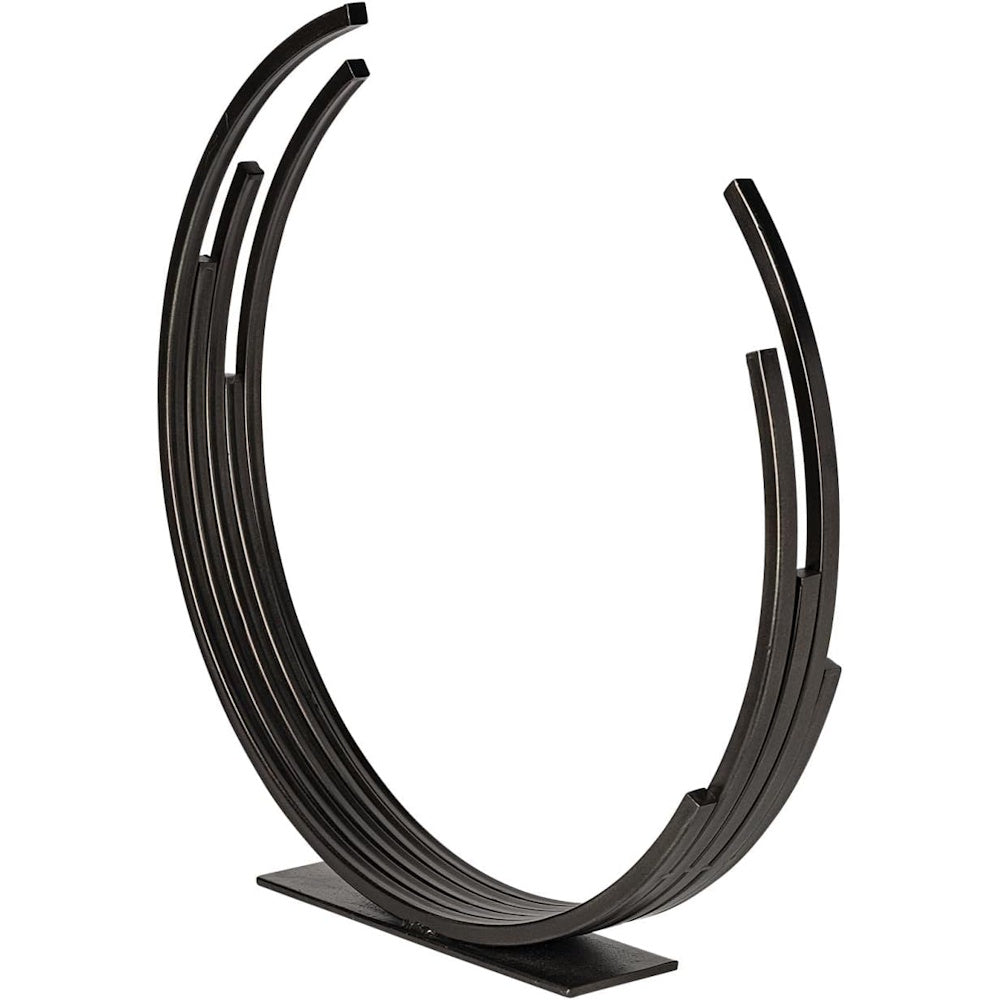 Modern matte black metal sculpture with tiered circular bands on a rectangular base for contemporary home decor.