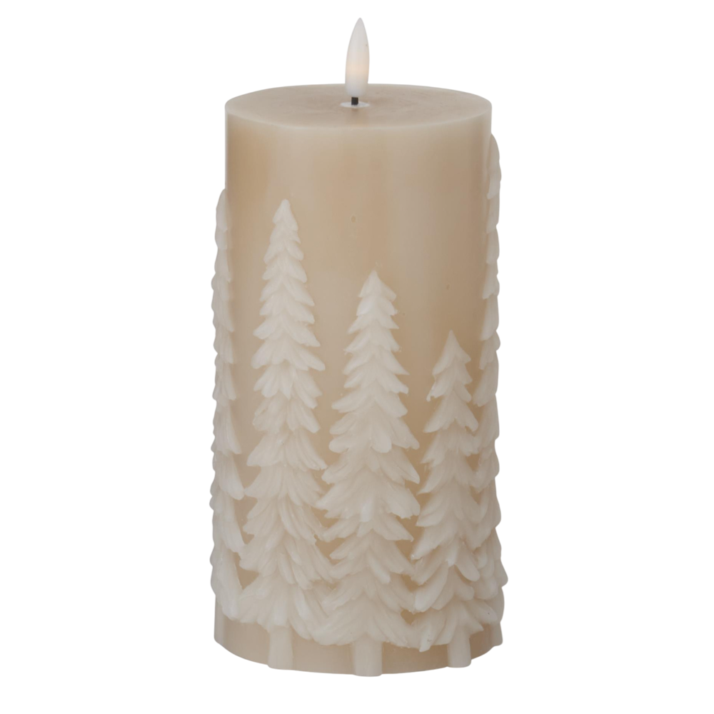 A large tan LED pillar candle featuring an embossed tree pattern and a built-in timer.