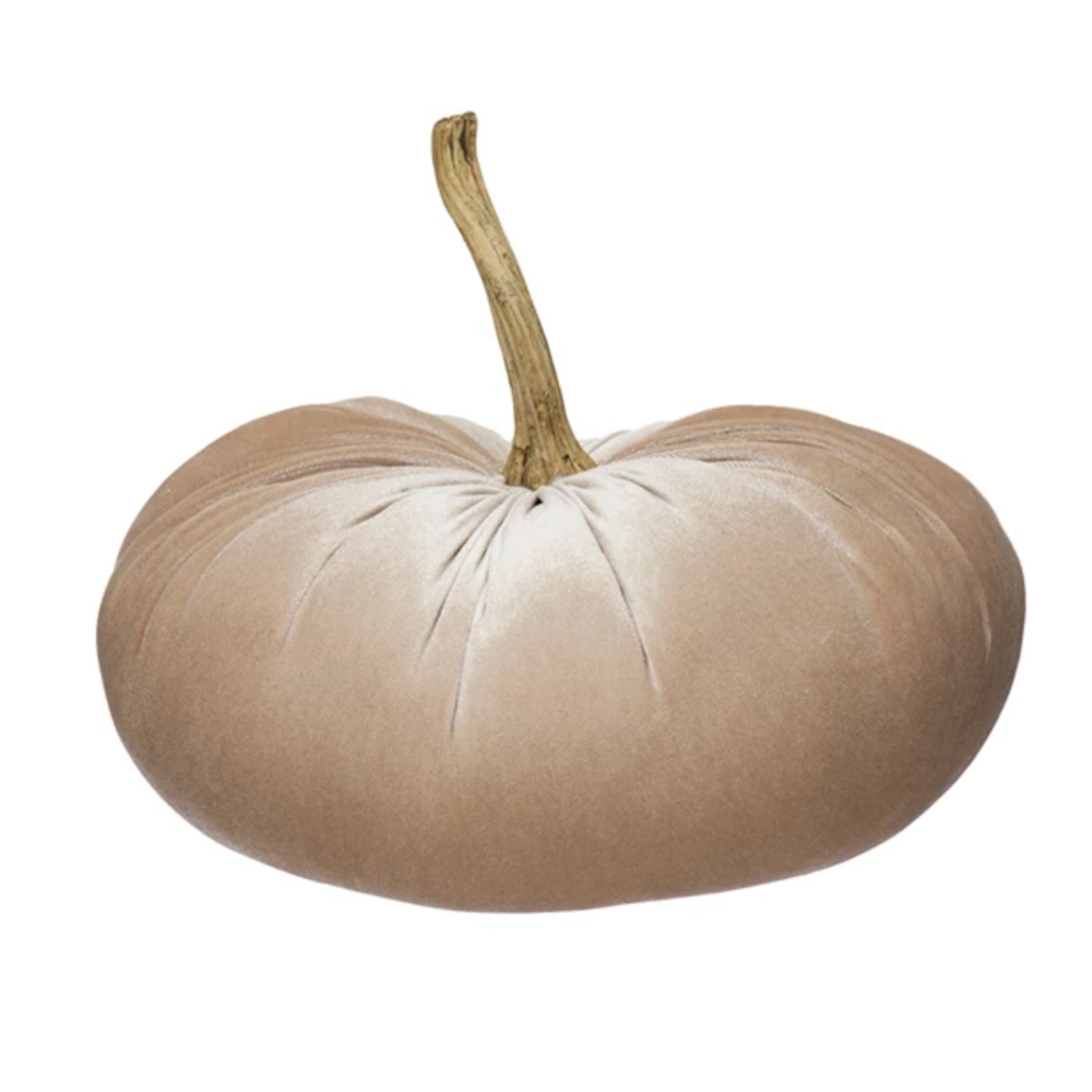 Plush tan velvet decorative pumpkin with a realistic brown resin stem on a plain white background.