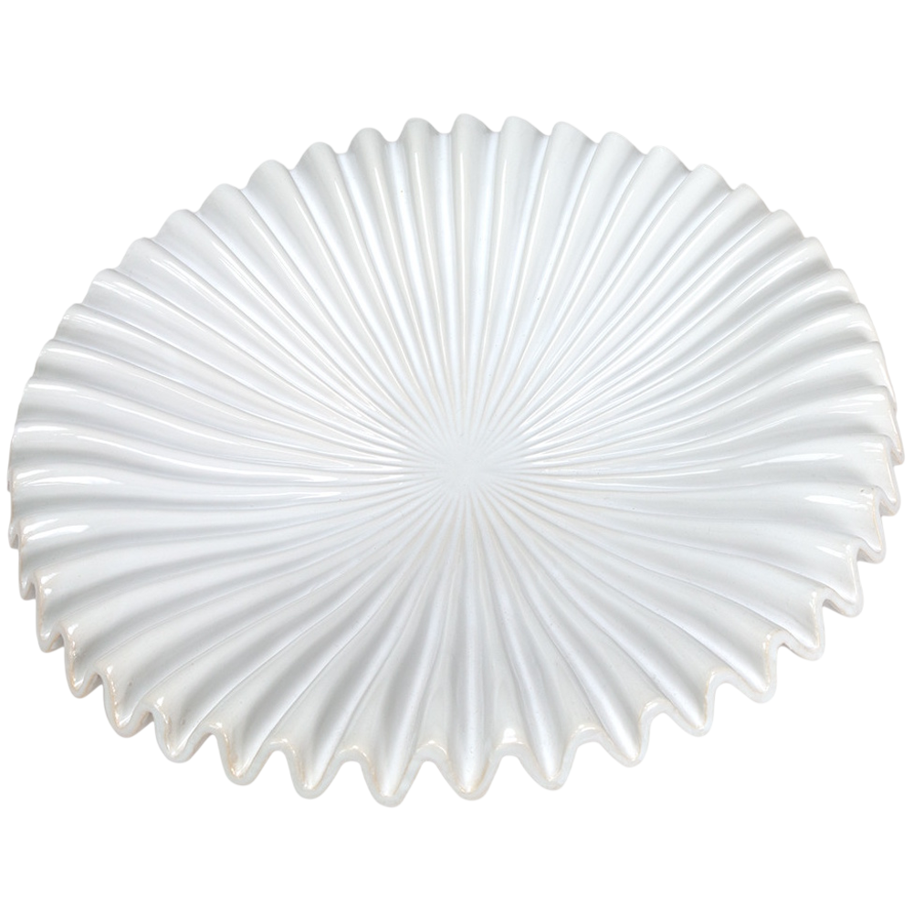 A white circular ceramic plate featuring a sunburst radial texture and ruffled, wavy edges on a white background.