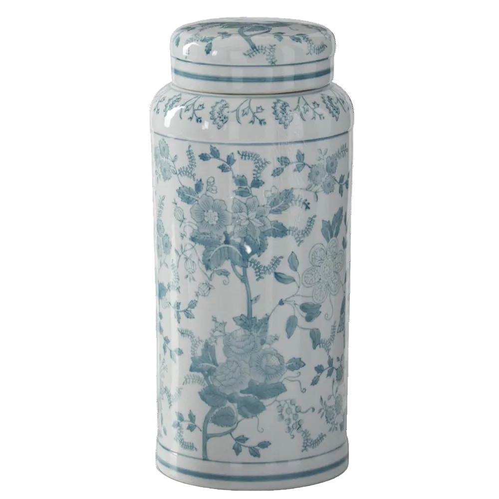 Large teal and white Chinoiserie porcelain lidded jar with intricate floral patterns against a white background.