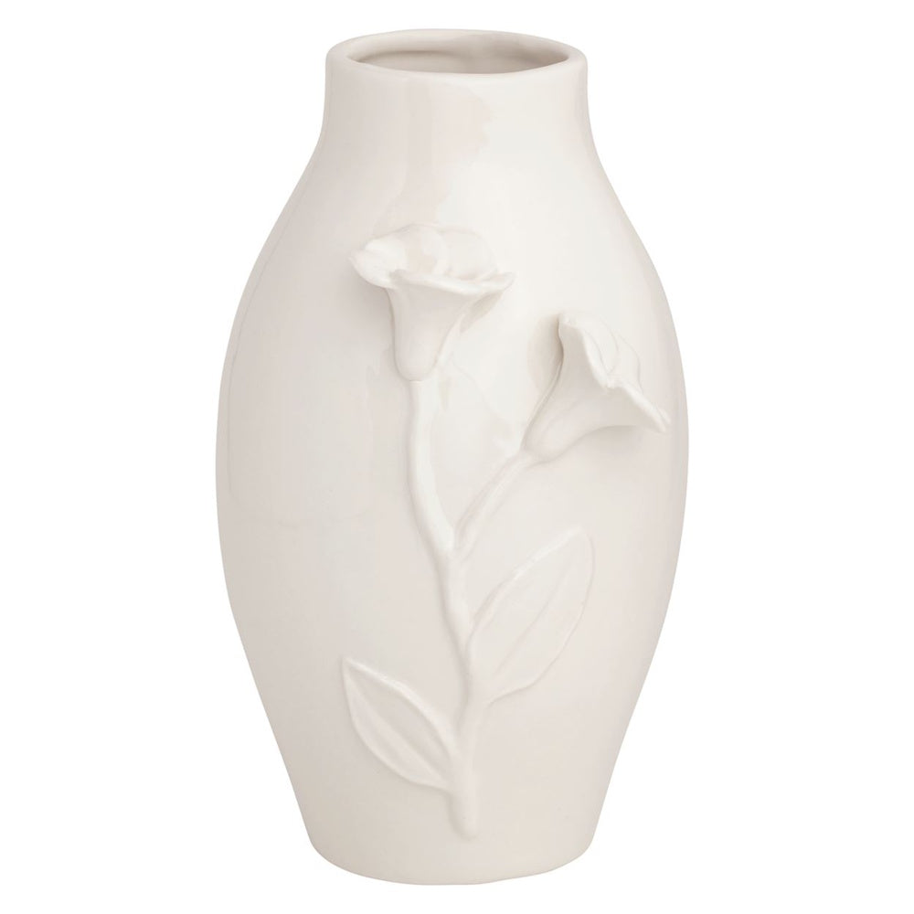 White ceramic flower vase with embossed floral design and glossy finish on a plain background.