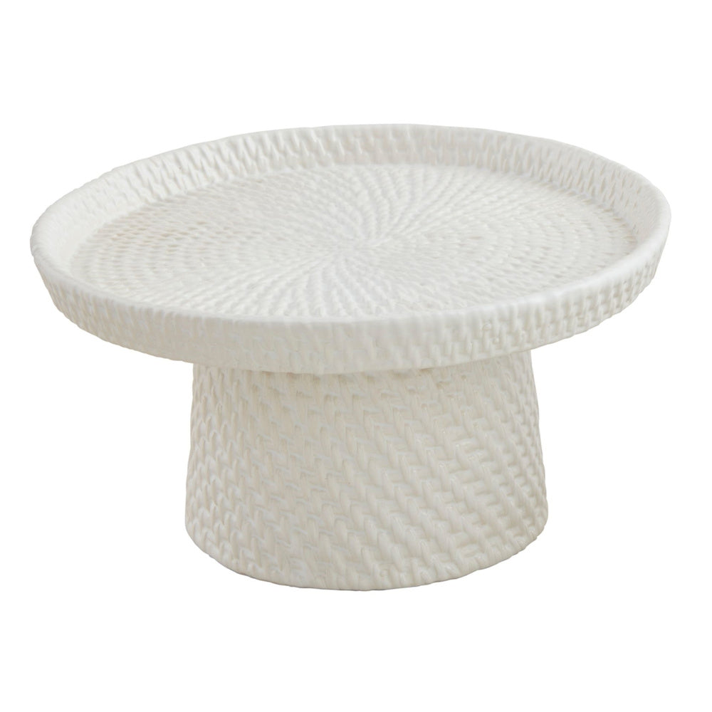 White woven stoneware pedestal server with a textured basket-weave pattern and raised rim for elegant food presentation.