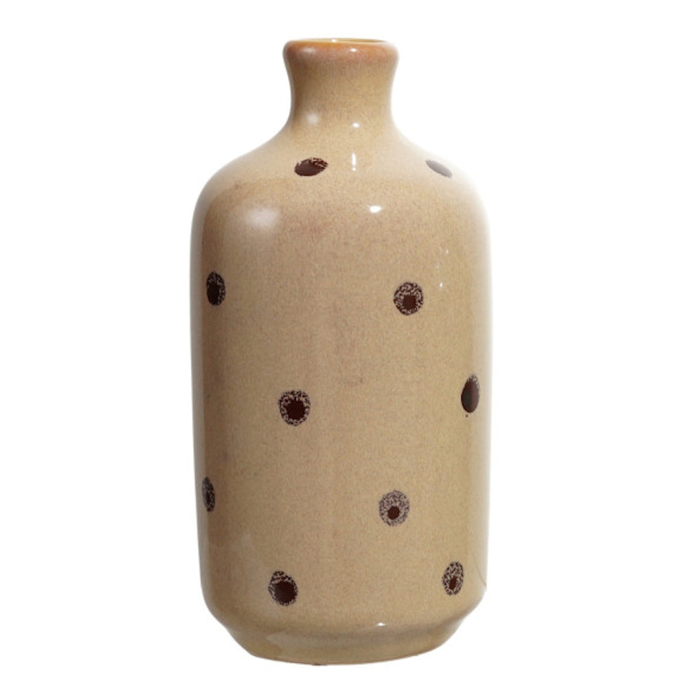 Large yellow reactive glaze hand-painted stoneware vase with brown polka dots on a white background.