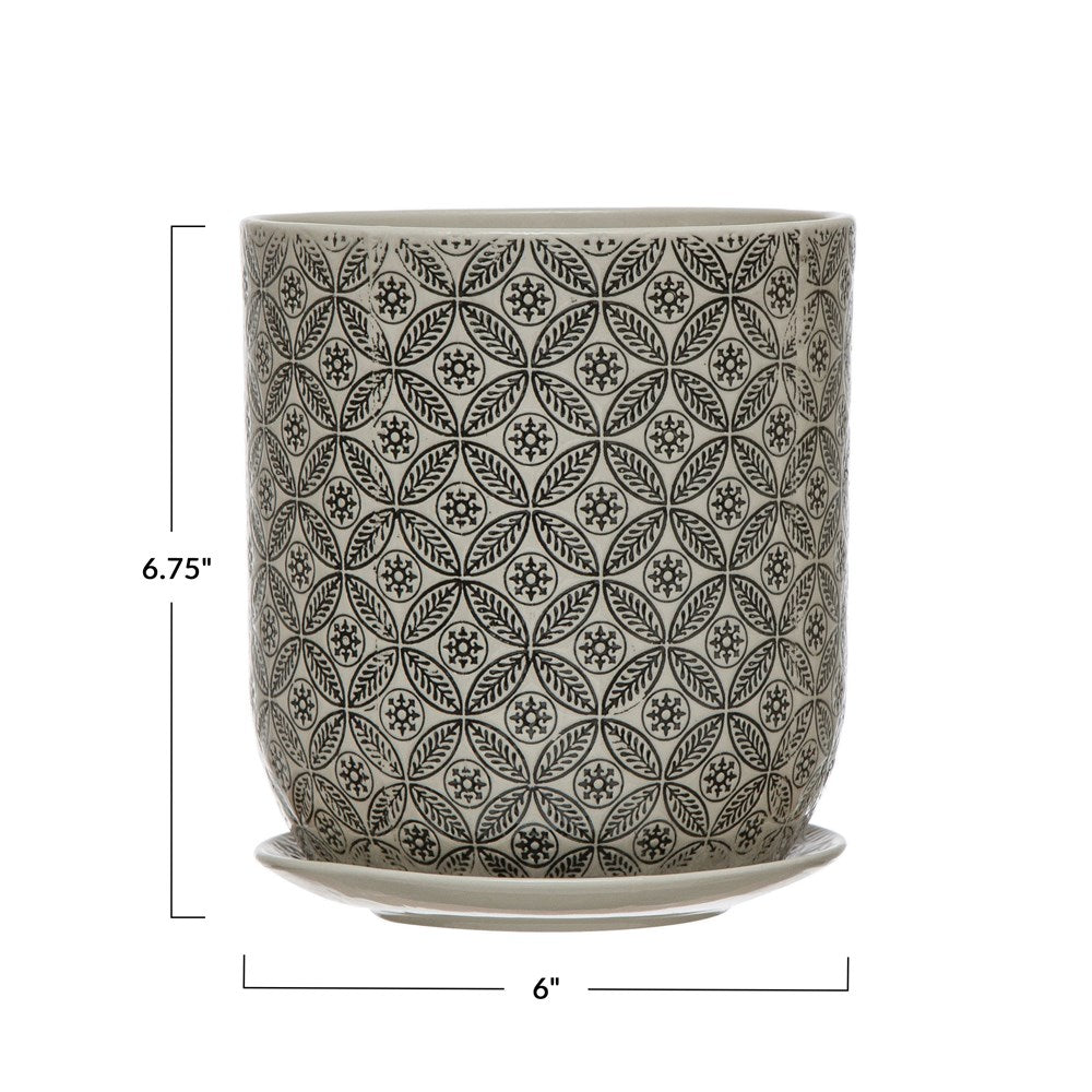 Hand-Stamped Stoneware Pot & Saucer w/ Embossed Pattern, Black & Cream Color — alternate view 4