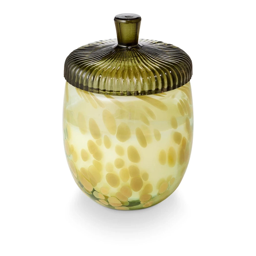 Spotted glass acorn jar candle with a ribbed green lid.