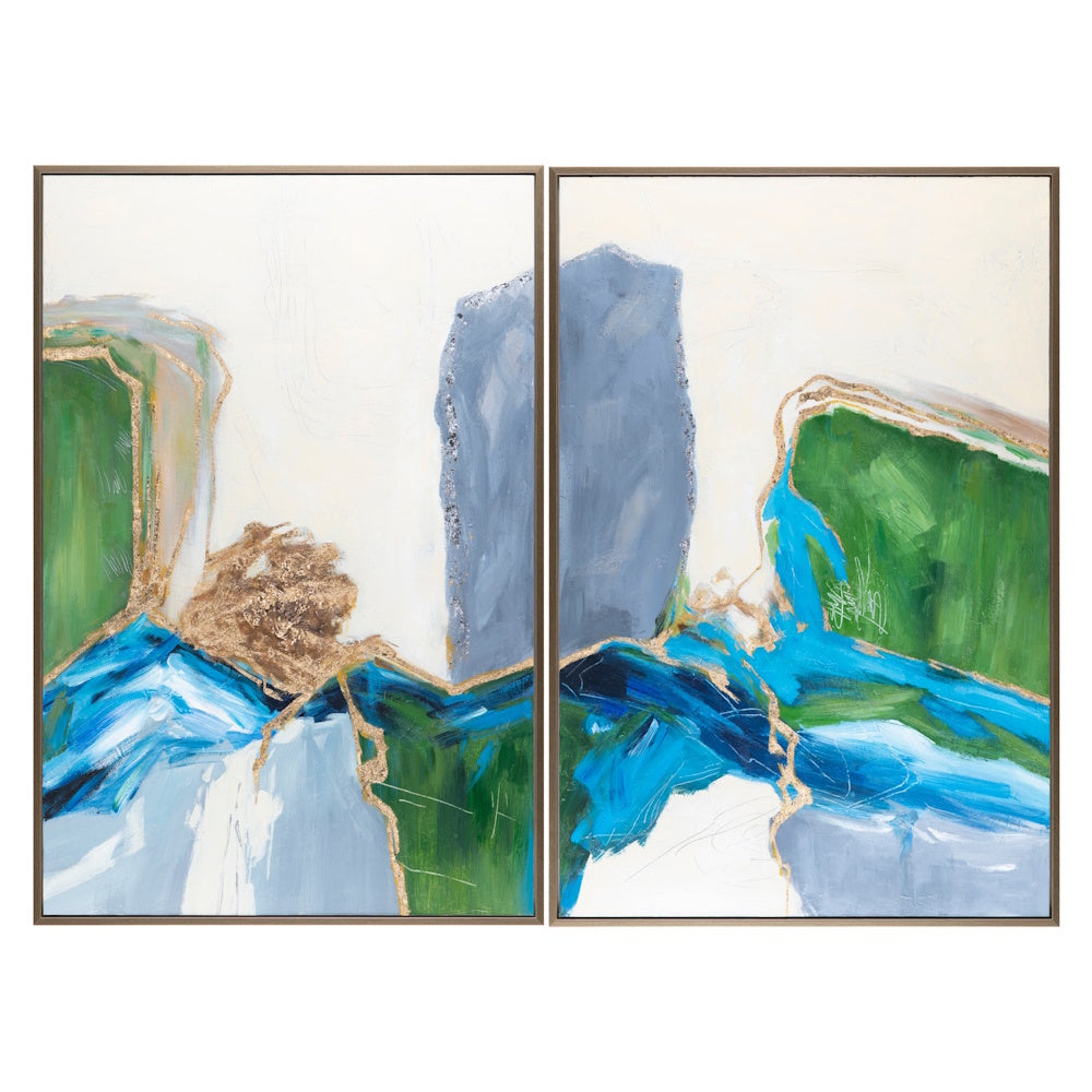 Abstract diptych wall art featuring green, blue, and gold foil accents in a modern framed canvas set.