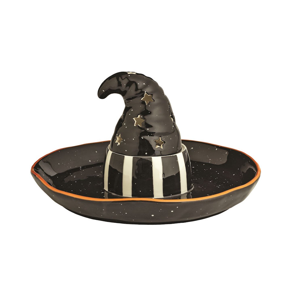 Ceramic Halloween witch hat chip and dip serving platter with black, white, and gold accents.