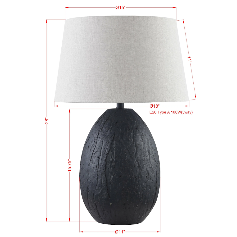 Black textured ceramic table lamp dimensions with gray linen shade, 28 inch height and 18 inch shade width.