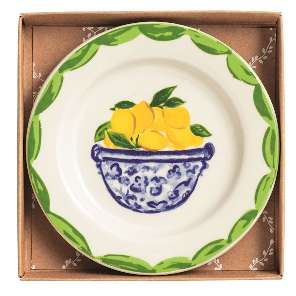 Small ceramic tidbit plate featuring a blue chinoiserie bowl of lemons with a green leaf border in a gift box.