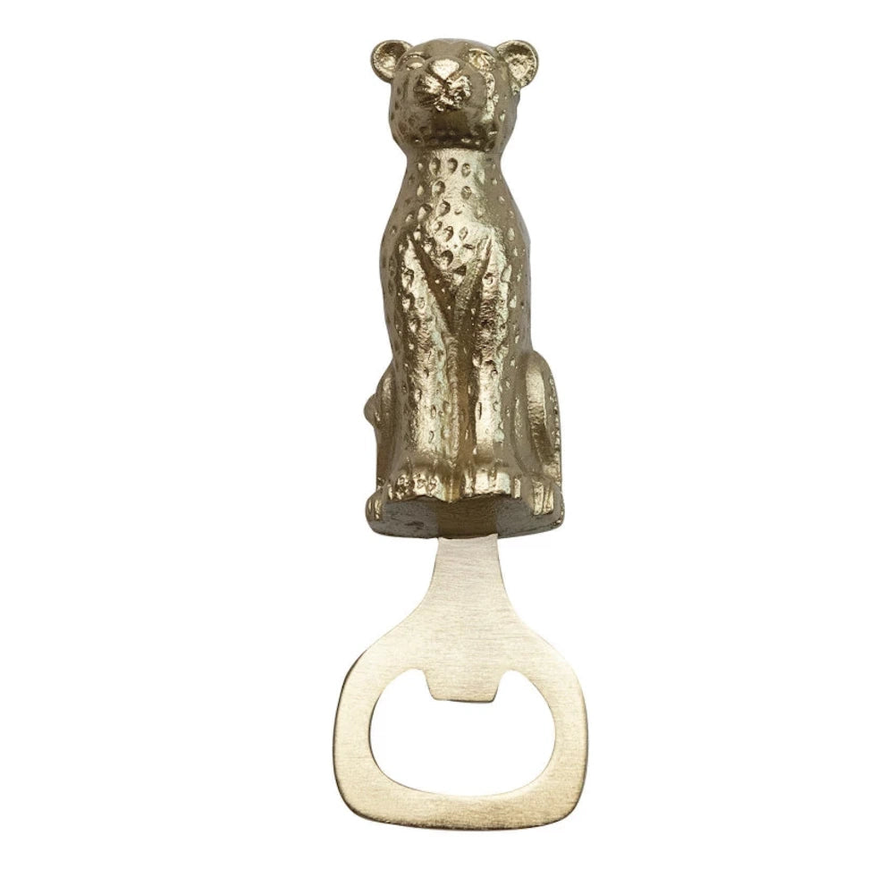 Gold leopard bottle opener, decorative brass-finished cheetah bar tool for home decor and gifts.