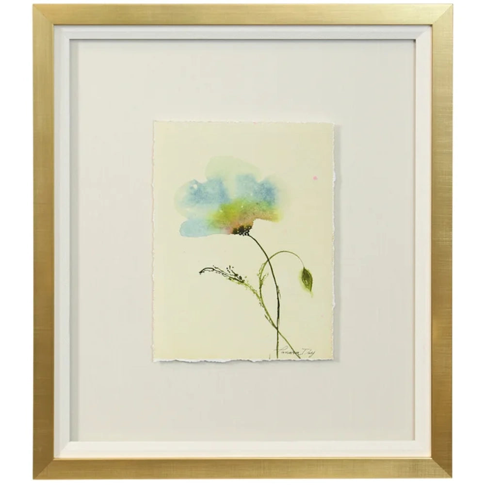 Framed "Les Fleurs du Village I" by Tamara Day, featuring a blue and green watercolor flower in a gold frame.