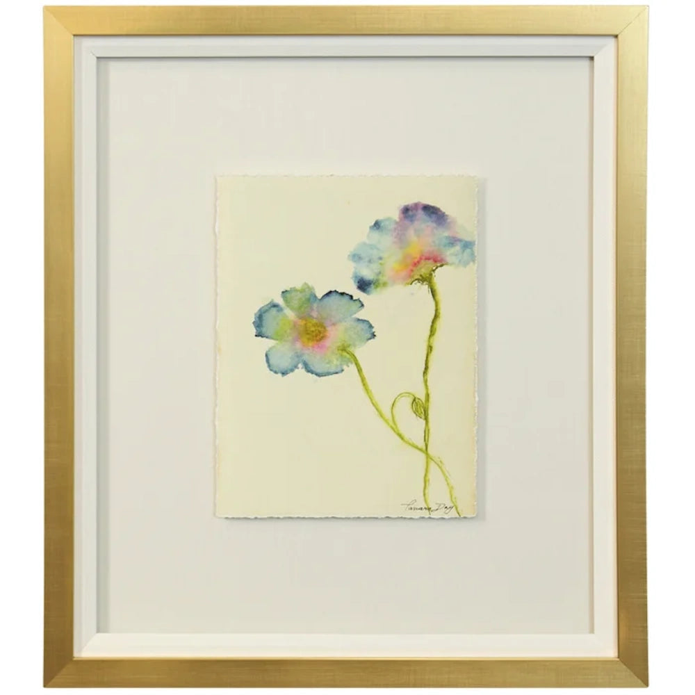 Framed blue watercolor flowers wall art with a gold frame and white matting, titled Les Fleurs du Village II by Tamara Day.